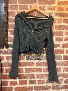 Ribbed Zip-Front Cropped Sweater - Dark Army Green Y2K